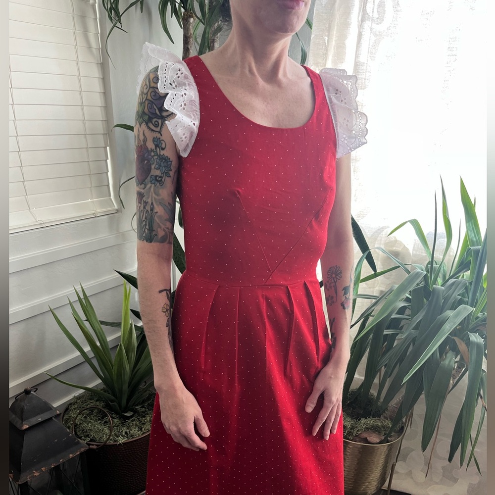 Vintage pin up lace sleeve polka dot fitted dress great condition - Picture 5 of 10
